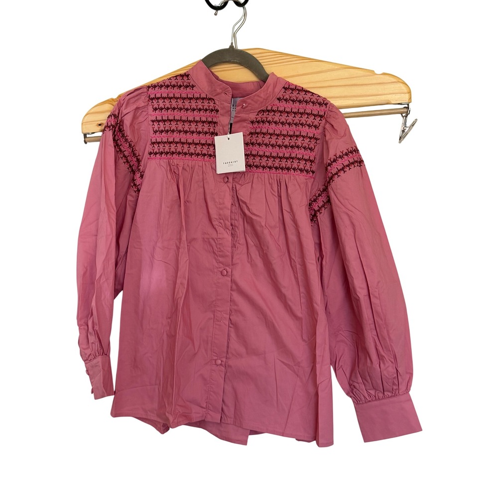 The Shirt Rochelle Behrens Rose Embroidered 100% Cotton Blouse Womens S NWT